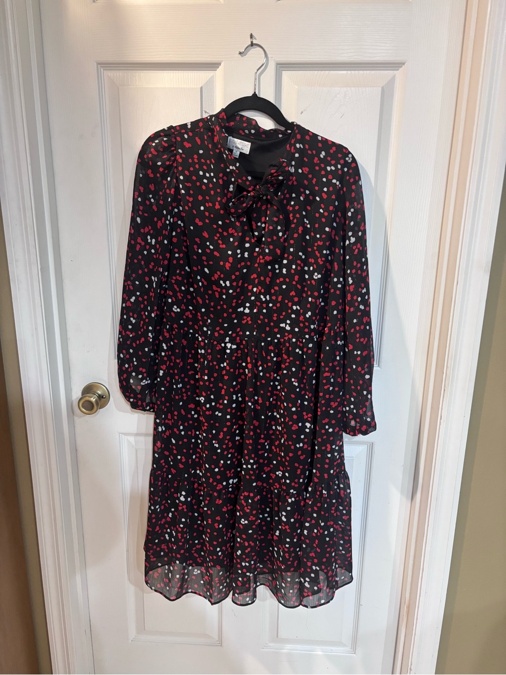 Robbie Bee Black Tie-Neck Dress with Red & White Spot Print